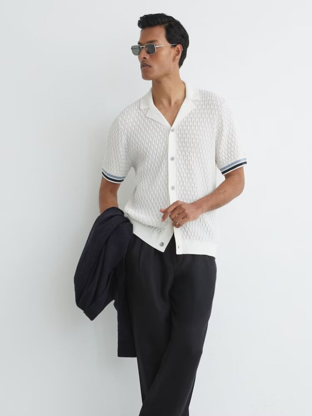 Reiss - Bilsby Cotton-Blend Geometric-Knit Tipped Shirt in White - XL